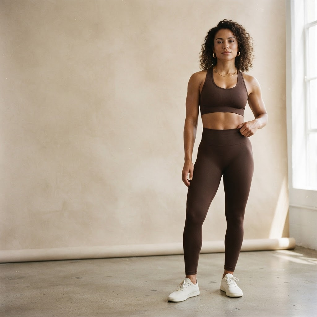Modelo vestindo conjunto fitness marrom da MAVE
